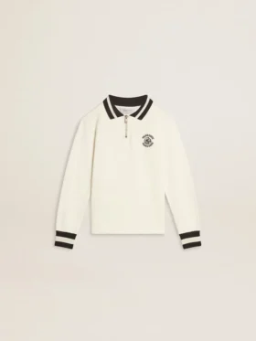 Sudadera polo infantil de algodón blanco con bordado en el pecho y estampado en la espalda