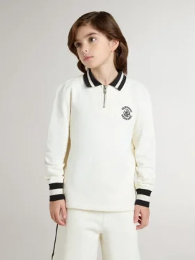 Sudadera polo infantil de algodón blanco con bordado en el pecho y estampado en la espalda