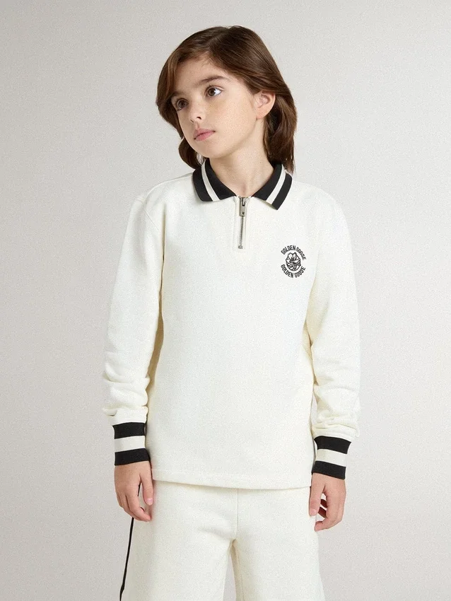 Sudadera polo infantil de algodón blanco con bordado en el pecho y estampado en la espalda