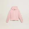 Sudadera rosa con capucha y estrellas plateadas brillantes