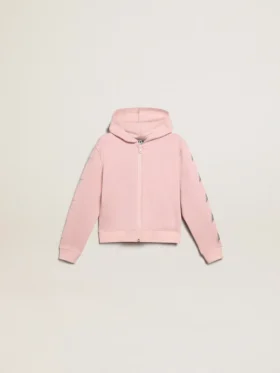 Sudadera rosa con capucha y estrellas plateadas brillantes