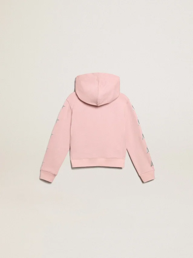 Sudadera rosa con capucha y estrellas plateadas brillantes