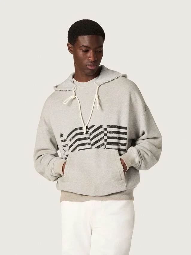 Sudadera unisex con capucha de algodón gris con estampado de bandera vintage