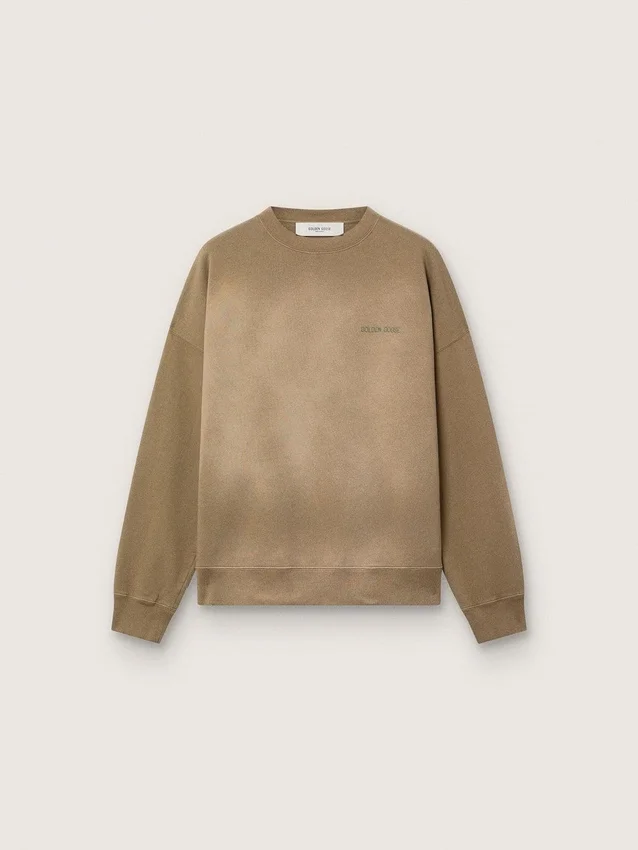 Sudadera unisex de algodón en tono verde militar con efecto desgastado y logotipo bordado