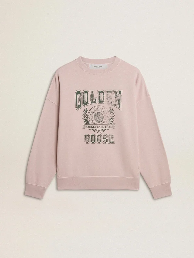 Sudadera unisex de cuello redondo en rosa antiguo con estampado del logotipo en verde