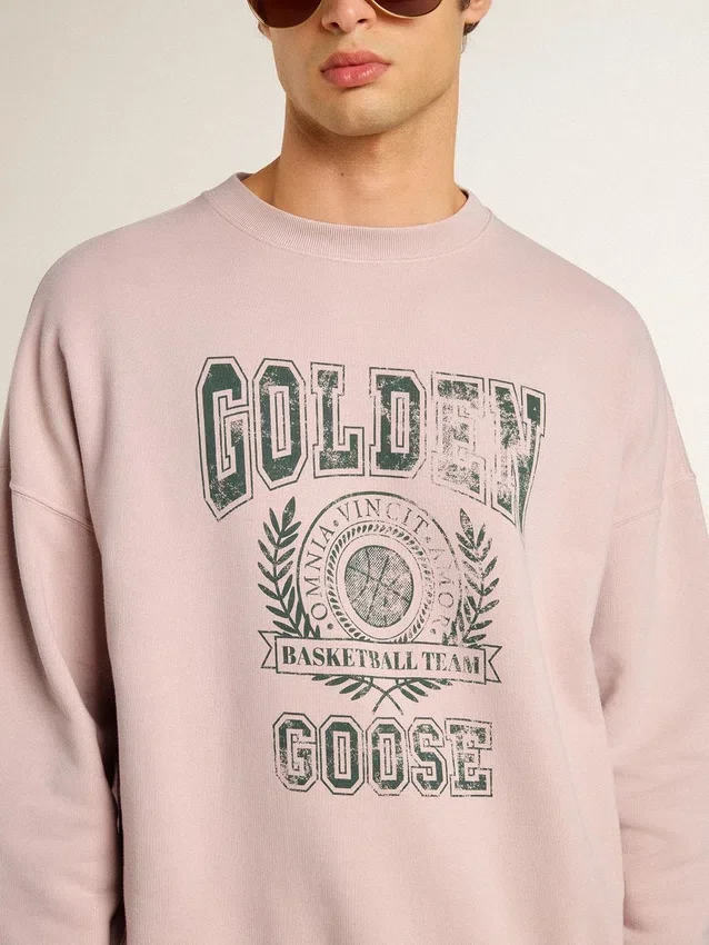 Sudadera unisex de cuello redondo en rosa antiguo con estampado del logotipo en verde