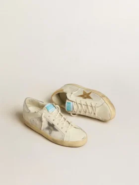 Super-Star en piel y ante blancos con estrella de piel plateada y dorada