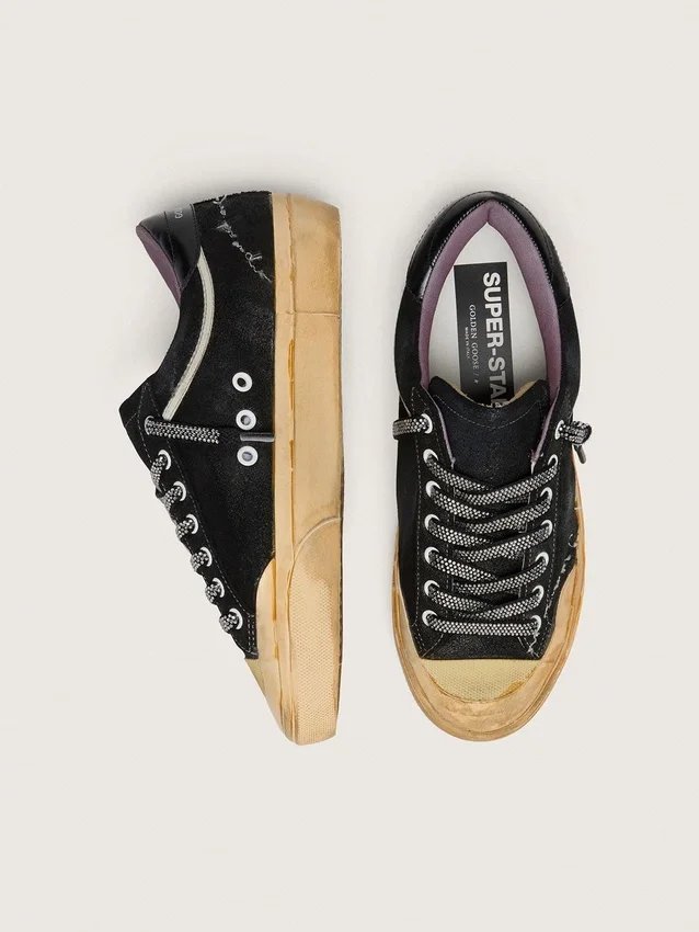 Super-Star LAB para mujer en ante laminado negro y nailon, con estrella en relieve y cordones con cristales
