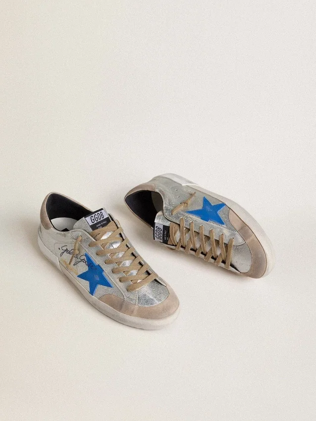 Super-Star LTD para hombre en ante metalizado plateado con estrella de piel y lengüeta trasera de ante
