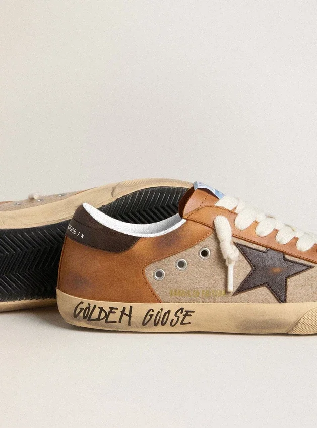 Super-Star LTD para hombre en lana beige con estrella de piel marrón e inserciones en color camel