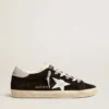 Super-Star LTD para mujer en ante negro con estrella estampada en blanco y lengüeta del talón con purpurina plateada