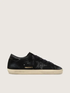 Super-Star LTD para mujer en ante negro con estrella negra brillante y lengüeta del talón de piel negra