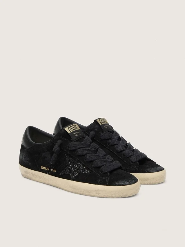 Super-Star LTD para mujer en ante negro con estrella negra brillante y lengüeta del talón de piel negra