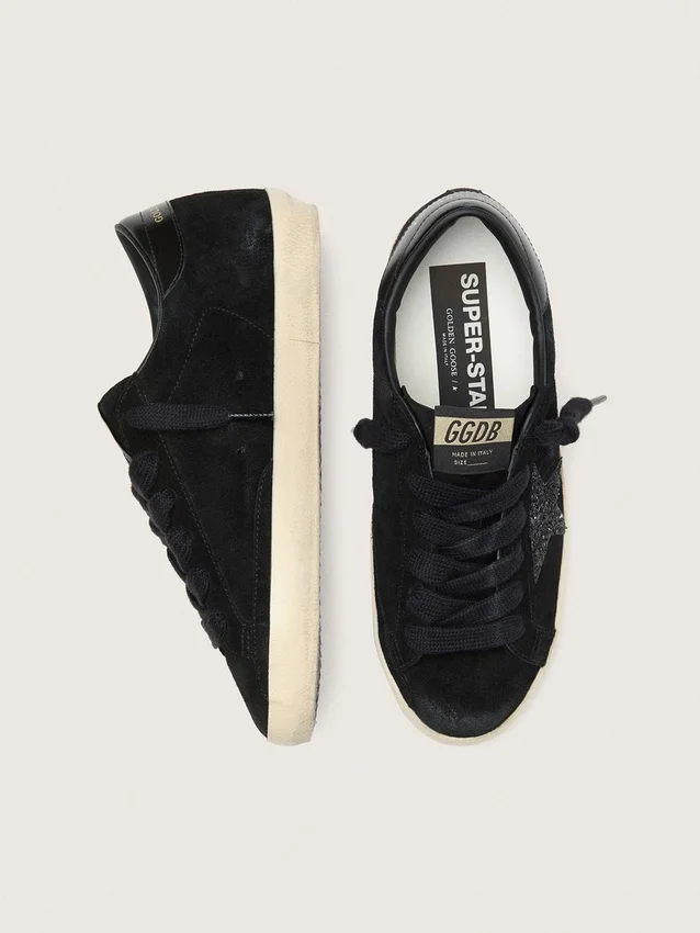 Super-Star LTD para mujer en ante negro con estrella negra brillante y lengüeta del talón de piel negra