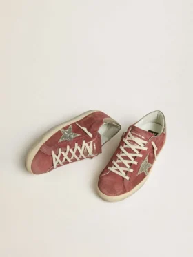 Super-Star LTD para mujer en ante rojo con estrella plateada brillante y lengüeta del talón de piel laminada