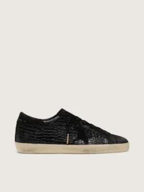 Super-Star LTD para mujer en piel negra con estampado de cocodrilo, estrella de ante negro y lengüeta del talón
