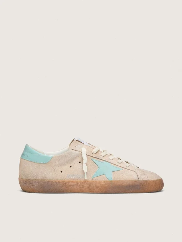 Super-Star para hombre en ante beige con estrella verde aguamarina