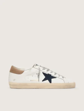 Super-Star para hombre en piel blanca con estrella de lona azul medianoche y lengüeta del talón en piel color tabaco