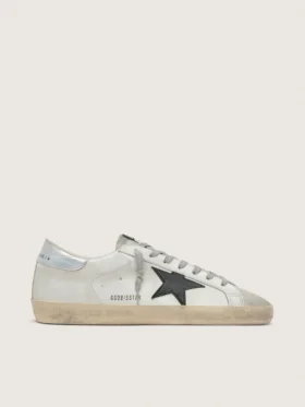 Super-Star para hombre en piel blanca con estrella de nubuck negro y lengüeta del talón de piel metalizada plateada