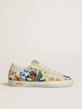 Super-Star para mujer con abalorios multicolores y estrella de ante beige