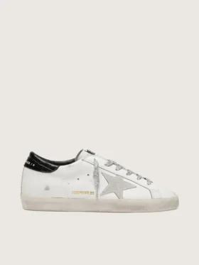 Super-Star para mujer con estrella de ante blanco y lengüeta en el talón de piel con estampado de cocodrilo negro