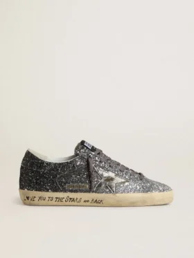 Super-Star para mujer con parte superior con purpurina y estrella de piel metalizada plateada