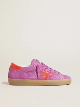 Super-Star para mujer en ante fucsia con estrella y lengüeta del talón de piel laminada naranja fluorescente