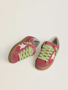 Super-Star para mujer en ante rojo con estrella de piel blanca y lengüeta del talón de piel plateada