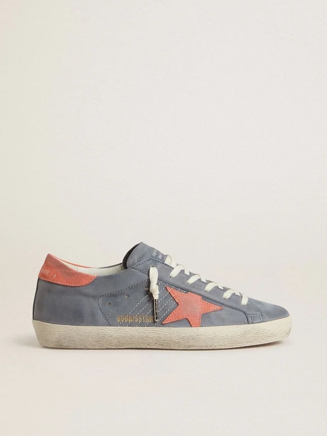 Super-Star para mujer en nubuck azul con estrella y lengüeta del talón de ante rosa