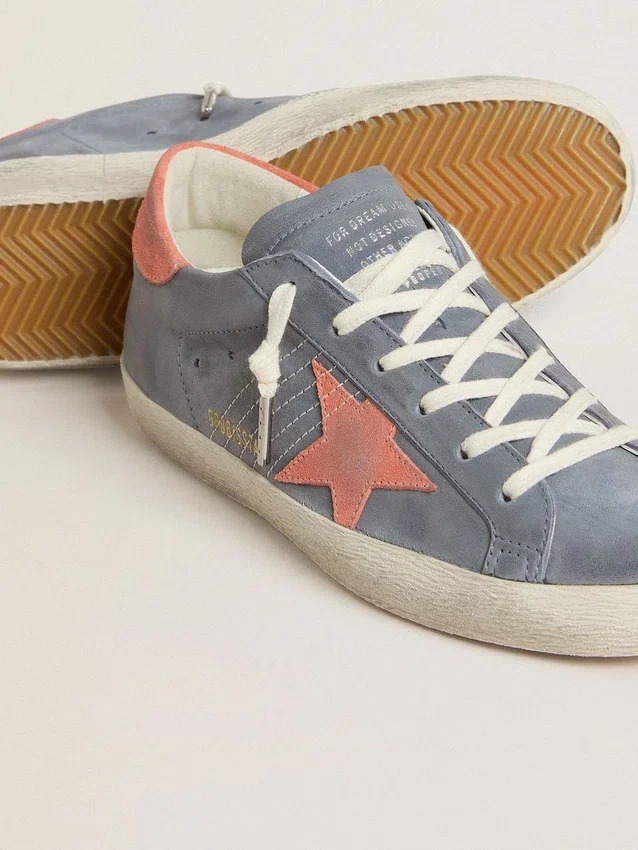 Super-Star para mujer en nubuck azul con estrella y lengüeta del talón de ante rosa