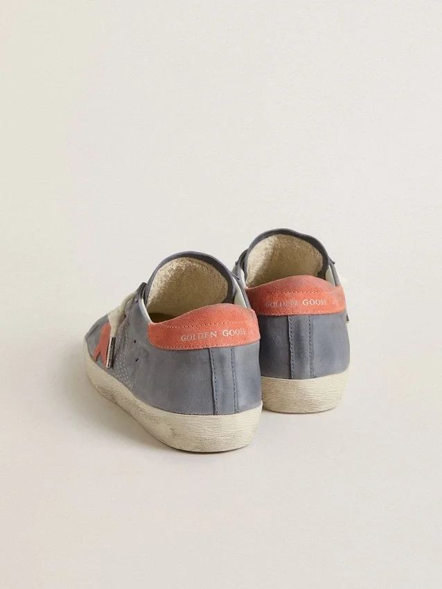 Super-Star para mujer en nubuck azul con estrella y lengüeta del talón de ante rosa