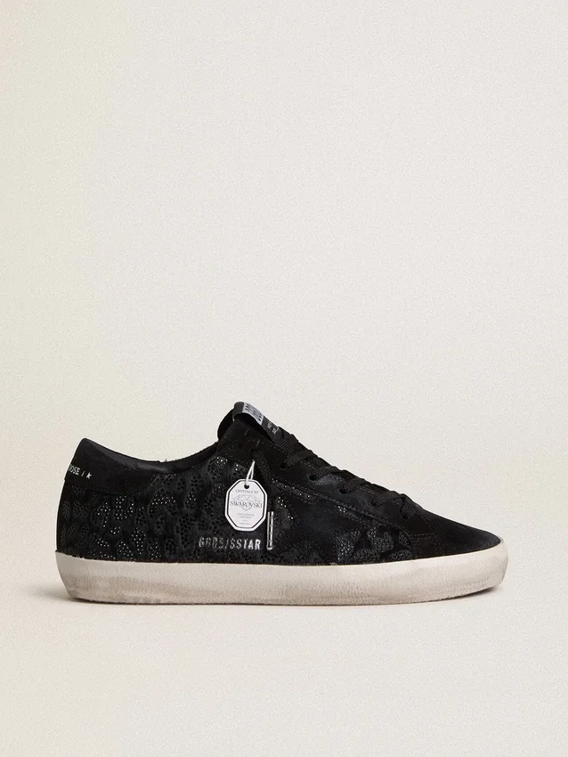 Super-Star para mujer en piel de potro negra con cristales Swarovski negros y estrella de ante negro