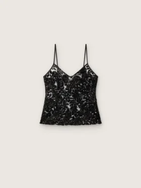 Top de mujer de tul negro con estampado floral de lentejuelas negras