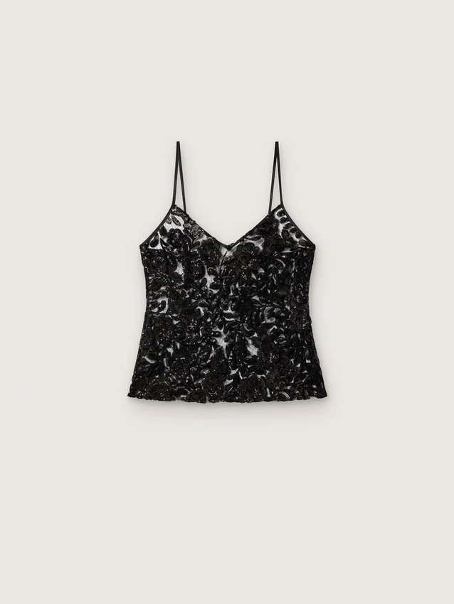 Top de mujer de tul negro con estampado floral de lentejuelas negras