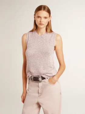 Top de punto de malla con lentejuelas y detalles en contraste