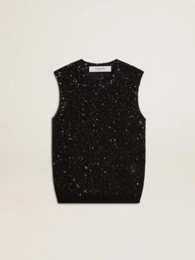 Top de punto de malla negro con lentejuelas y detalles en contraste