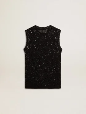 Top de punto de malla negro con lentejuelas y detalles en contraste