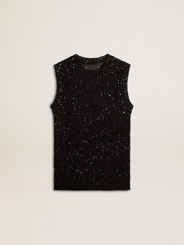 Top de punto de malla negro con lentejuelas y detalles en contraste