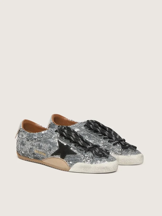 True-Star para mujer con lentejuelas plateadas, estrella negra y lengüeta de cuero plateada en el talón