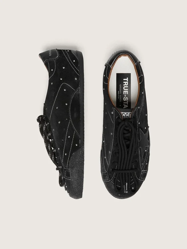 True-Star para hombre en ante negro con cristales Swarovski y estrella de cuero negro