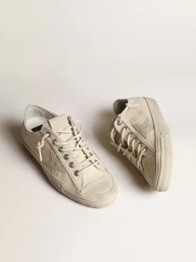 V-Star en lona color crema claro con estrella de piel blanco leche