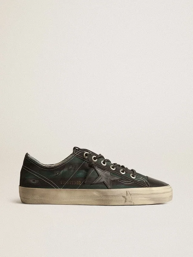 V-Star para hombre en lona a rayas negras y verdes con estrella y puntera de piel negra