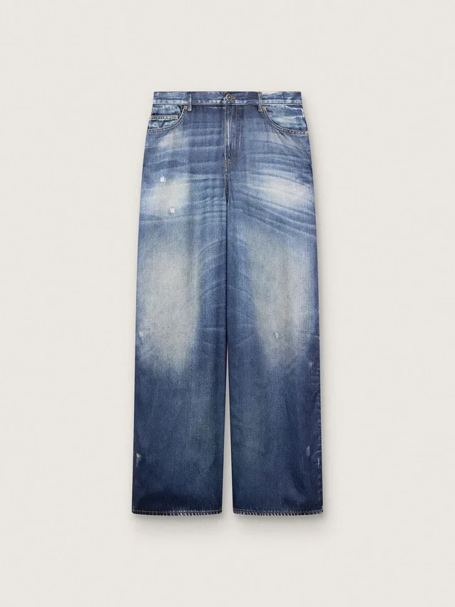 Vaqueros «boyfriend» de mujer en denim azul con estampado de archivo