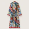 Vestido caftán de mujer en gasa de algodón crudo con estampado multicolor