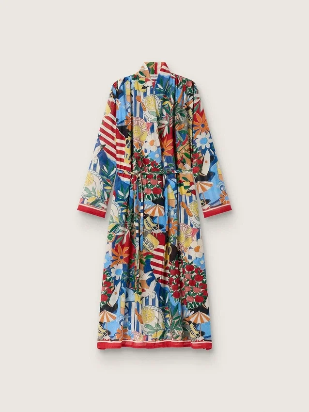 Vestido caftán de mujer en gasa de algodón crudo con estampado multicolor