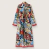 Vestido caftán de mujer en gasa de algodón crudo con estampado multicolor