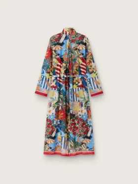 Vestido caftán de mujer en gasa de algodón crudo con estampado multicolor