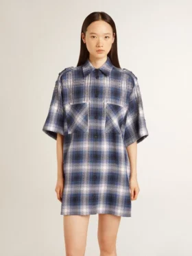 Vestido camisero corto de mujer con estampado de tablero de ajedrez en 3D y bordados