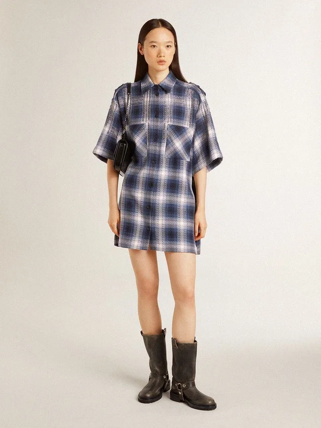 Vestido camisero corto de mujer con estampado de tablero de ajedrez en 3D y bordados