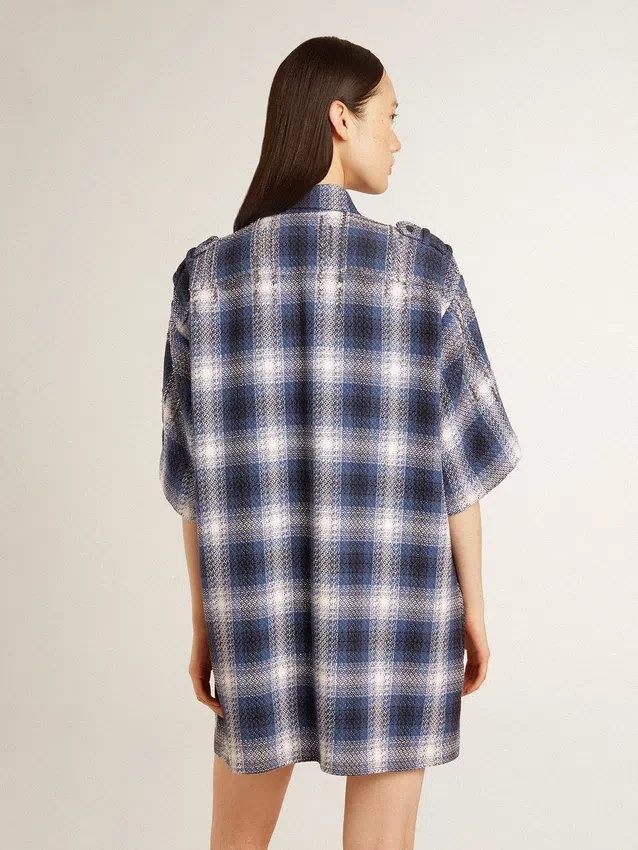 Vestido camisero corto de mujer con estampado de tablero de ajedrez en 3D y bordados